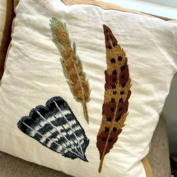 Kuk-May Rare feather Hand Embroidered Linen 20” pillows with down inserts